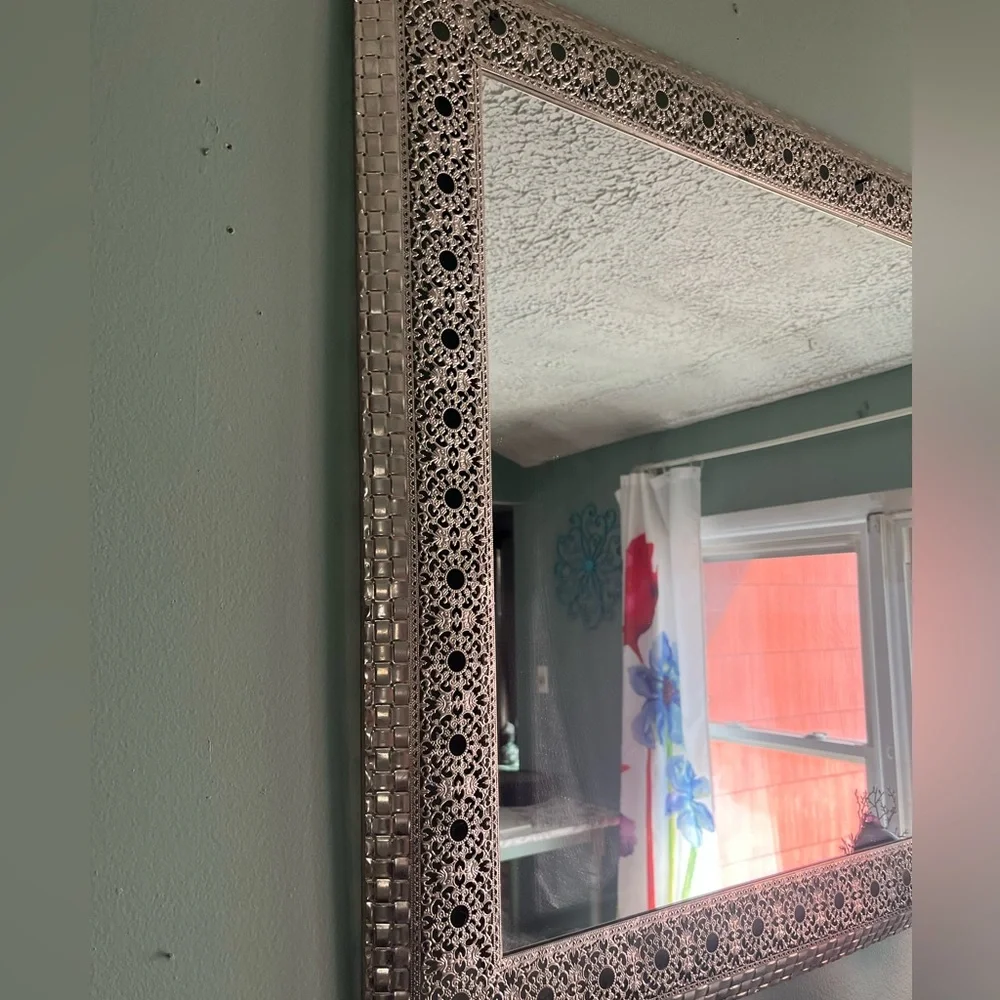 Large Moroccan Ornate Metal Wall Mirror Silver